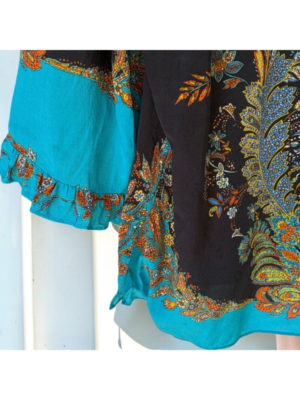 Kobi Halperin Helen Silk Blouse Size L Black Paisley Boho Ruffle Sleeve Tie Neck - Picture 8 of 11